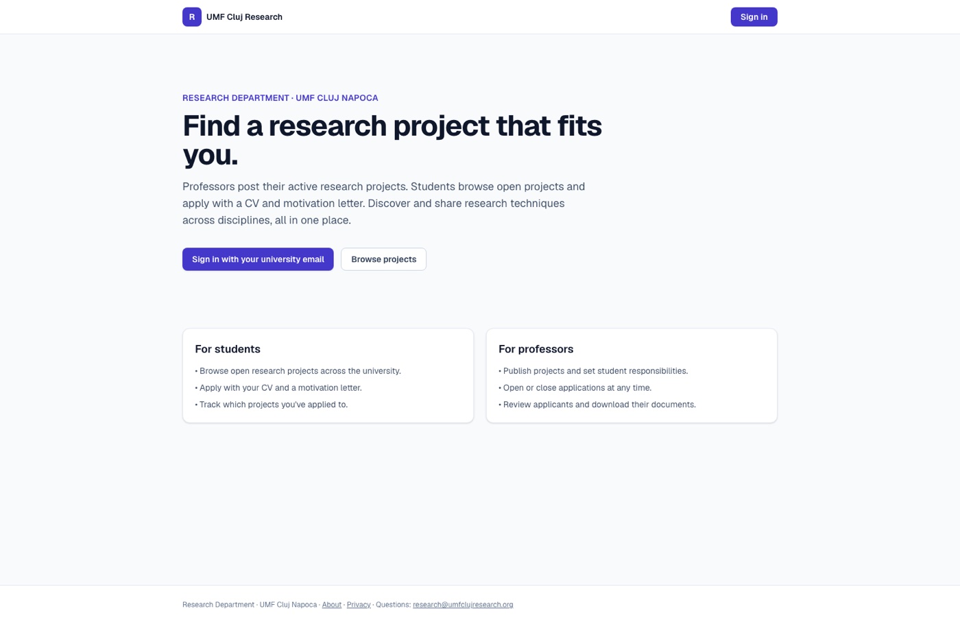 UMF Cluj Research Platform home page